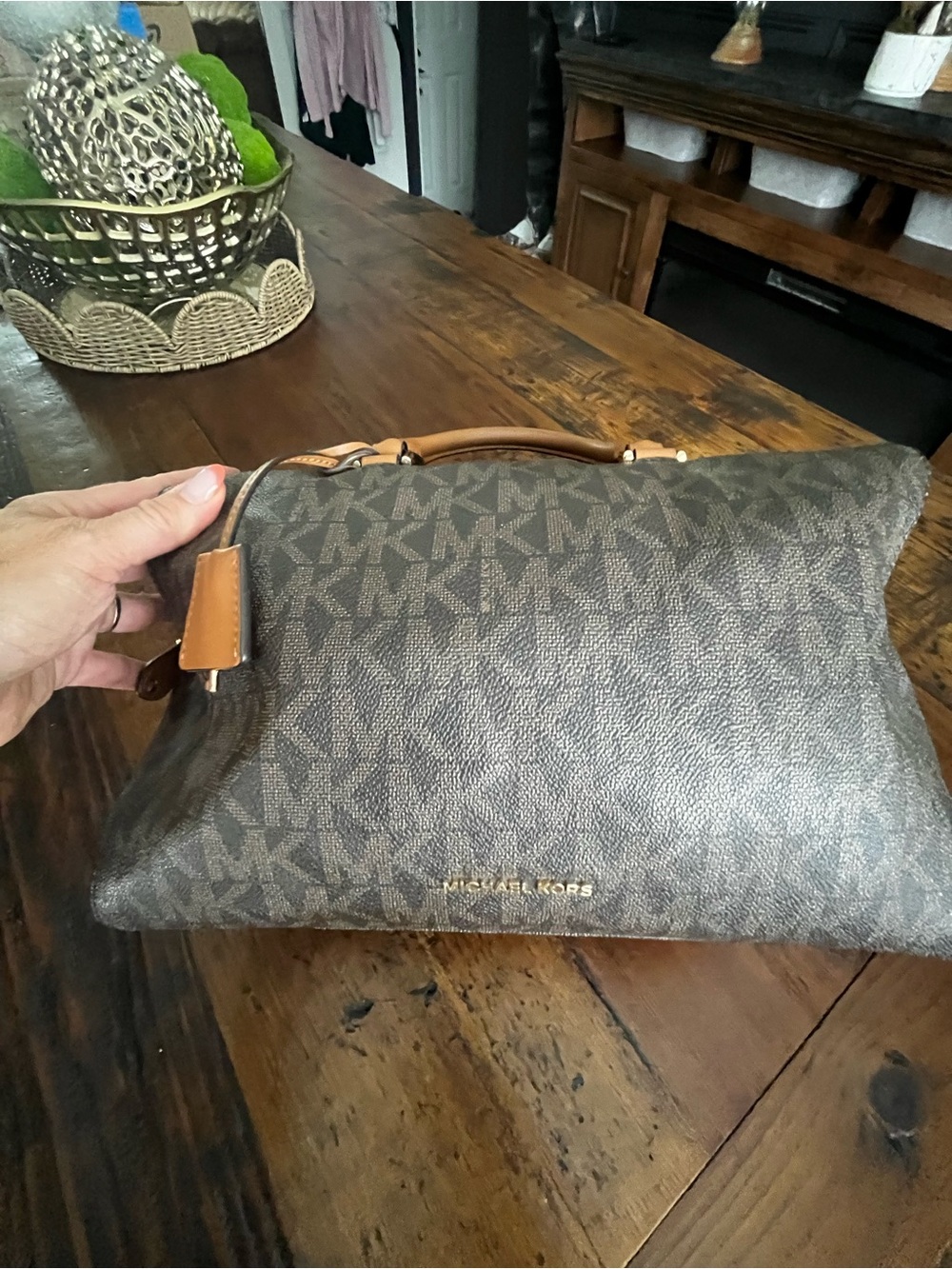 Michael Kors Brown Tan MK Logo Satchel with Gold Hardware